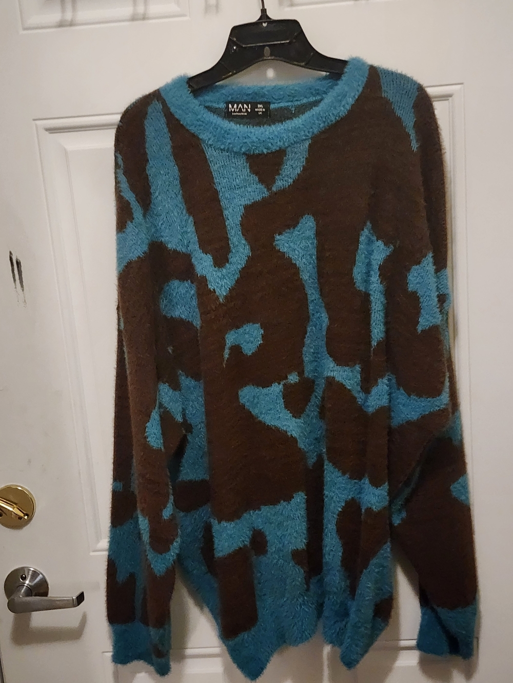 Boohoo Man Oversized Blue & Brown Patterned Fuzzy Sweater